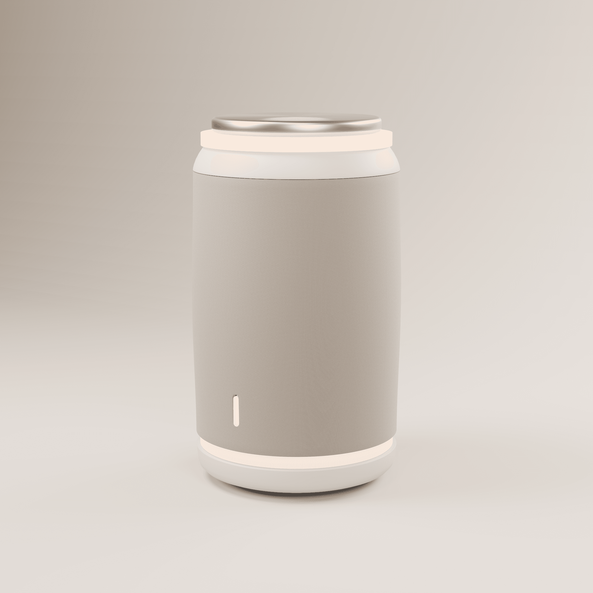 Cream-colored cylindrical speaker with metallic controls and soft accent lighting