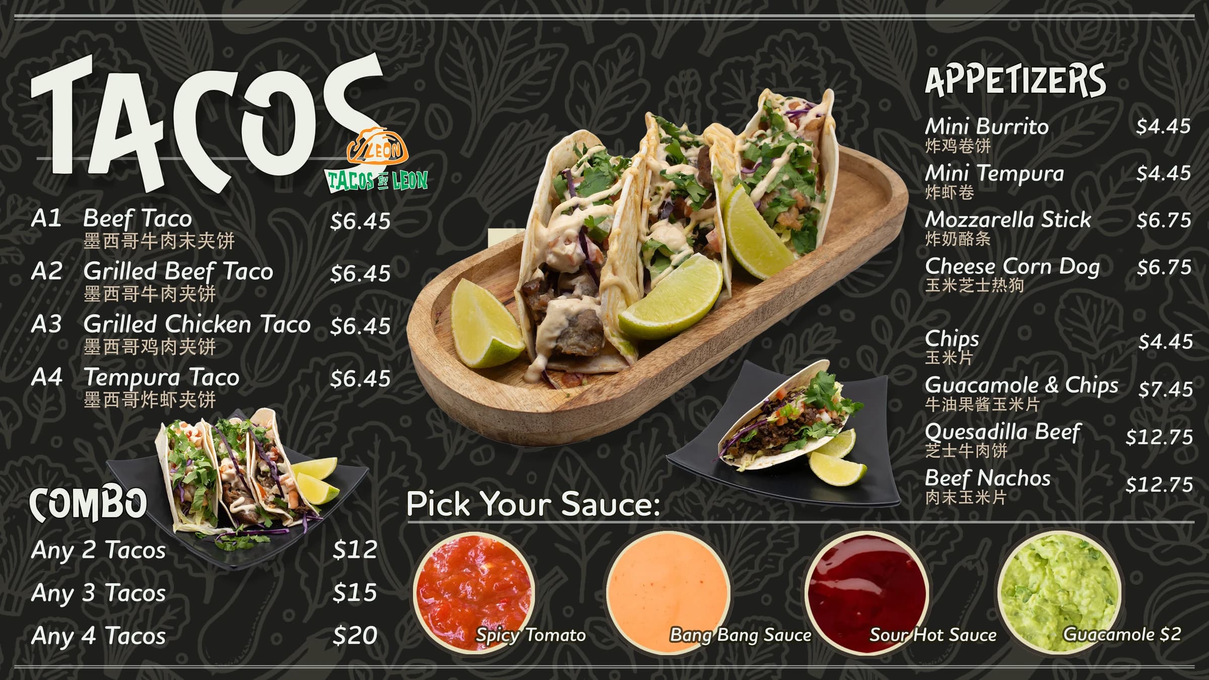 Tacos by Leon bilingual menu design, dark version