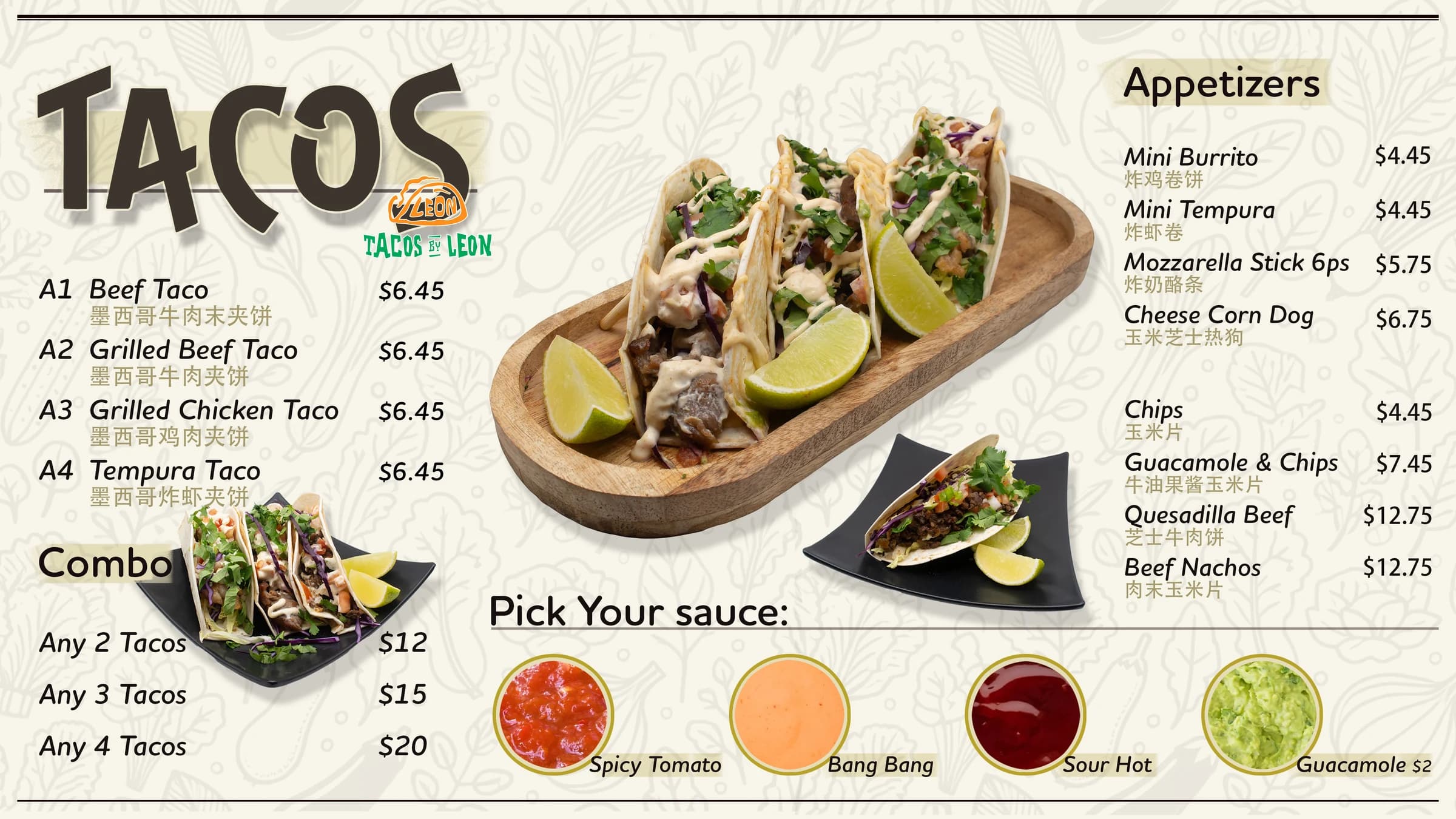 Tacos by Leon bilingual menu design, light version